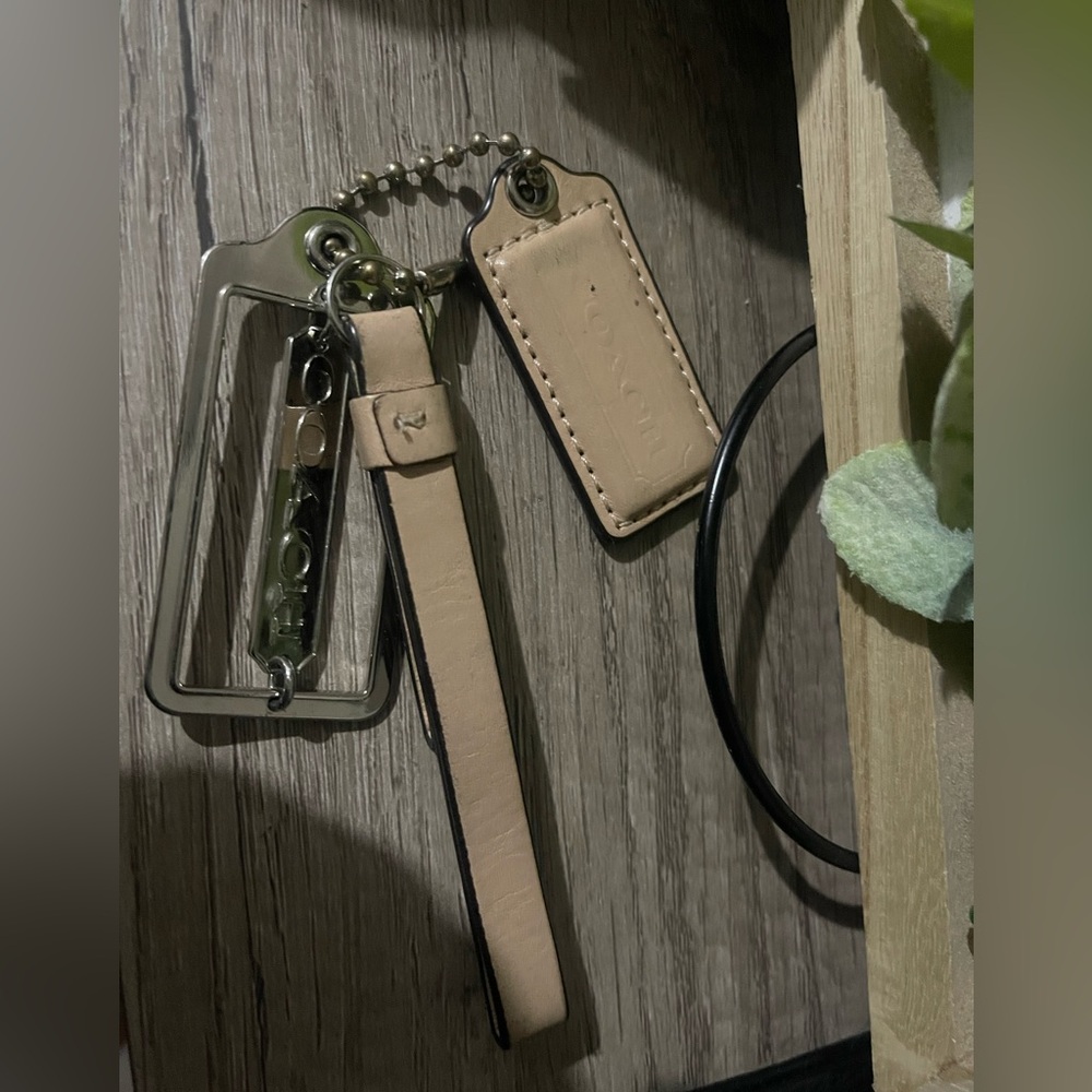 Coach Beige Leather Keychain with Silver Details